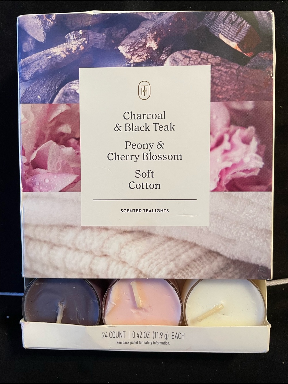 Charcoal & Black Teak, Peony & Cherry Blossom, Soft Cotton Scented Tealight Trio